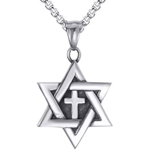 Elfasio Star of David Messianic Cross Men 316L Stainless Steel Necklace Pendant Chain Set 18-30 inch