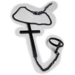 TFJ Women Wrist Bracelet Black Metal Hand Chain Fashion Jewelry Big Cross Charm Slave Ring
