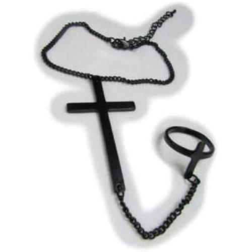 TFJ Women Wrist Bracelet Black Metal Hand Chain Fashion Jewelry Big Cross Charm Slave Ring