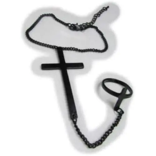 TFJ Women Wrist Bracelet Black Metal Hand Chain Fashion Jewelry Big Cross Charm Slave Ring