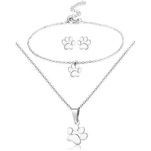 ORAZIO Paw Necklace Earrings Bracelet for Women Dog Paw Print Pendant Necklace Stud Earrings Charm Bracelet Stainless Steel Dog Jewelry Set ORAZIO Paw Necklace Earrings Bracelet for Women Dog Paw Print Pendant Necklace Stud Earrings Charm Bracelet Stainless Steel Dog Jewelry Set