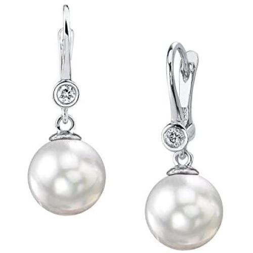 THE PEARL SOURCE 14K Gold AAA Quality Round Genuine White Akoya Cultured Pearl & Diamond Michelle Earrings for Women