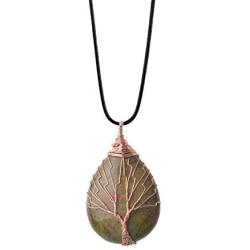 ZHEPIN Vintage Tree of Life Wire Wrapped Copper Teardrop Natural Gemstones Pendant Necklace,with Gift Box