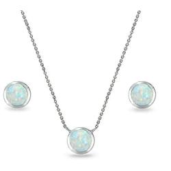 Sterling Silver Genuine or Synthetic Gemstone 5mm Round Bezel Dainty Choker Necklace & Stud Earrings Set