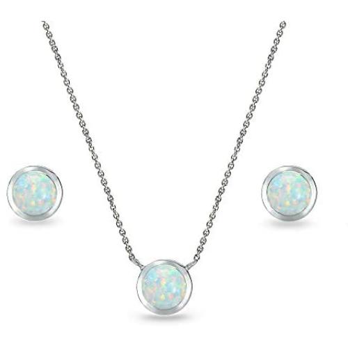 Sterling Silver Genuine or Synthetic Gemstone 5mm Round Bezel Dainty Choker Necklace & Stud Earrings Set