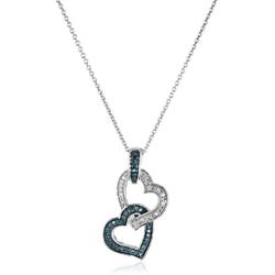 Jewelili Sterling Silver 1/6 Cttw Treated Blue and Natural White Round Diamond Double Heart Pendant Necklace, 18'' Rolo Chain