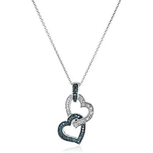 Jewelili Sterling Silver 1/6 Cttw Treated Blue and Natural White Round Diamond Double Heart Pendant Necklace, 18'' Rolo Chain