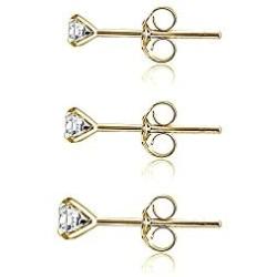 3 Pair Set 14K Gold Cubic Zirconia Round Stud Earrings for Men Women Girls, 3mm 4mm 5mm