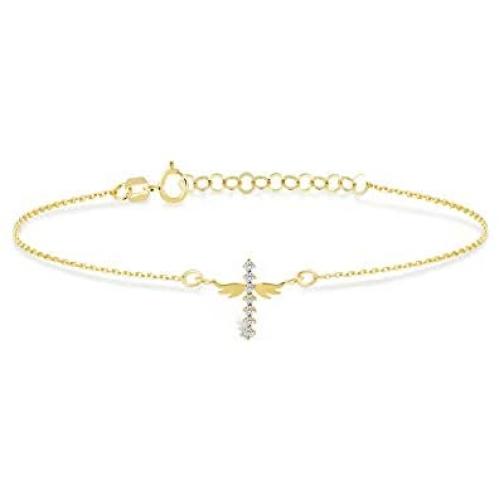 GELIN Angel Wings Crucifix Cross CZ Strand Bracelet for Women in 14k Yellow Gold