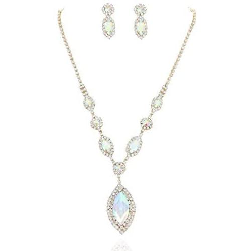SP Sophia Collection Womens Elegant Bridal Halo Marquise and Round Austrian Crystal Jewelry Necklace and Stud Post Dangle Earring Jewelry Set