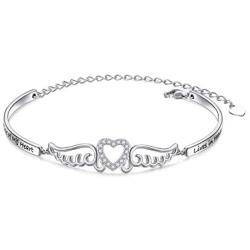 FLYOW S925 Sterling Silver A Piece of My Heart is in Heaven Bracelet Angel Wings Jewelry in Memory of Mom Dad Grandma Grandpa Baby Loss Memorial Gift