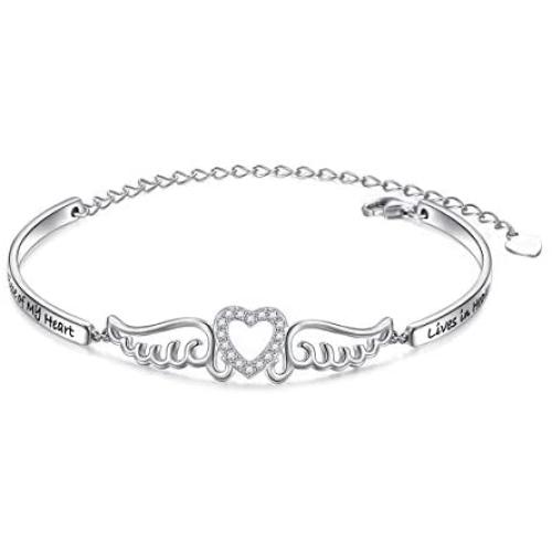 FLYOW S925 Sterling Silver A Piece of My Heart is in Heaven Bracelet Angel Wings Jewelry in Memory of Mom Dad Grandma Grandpa Baby Loss Memorial Gift