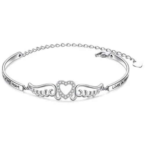 FLYOW S925 Sterling Silver A Piece of My Heart is in Heaven Bracelet Angel Wings Jewelry in Memory of Mom Dad Grandma Grandpa Baby Loss Memorial Gift