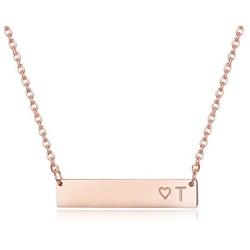 Finrezio Rose Gold Plated Stainless Steel Initial Heart Bar Necklace Alphabet Pendant Necklace for Women Mother, 16''+2''