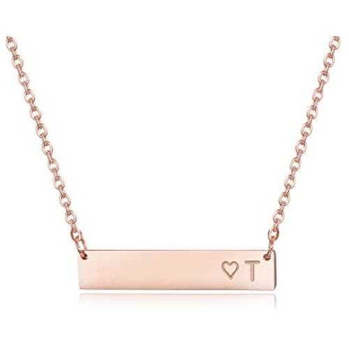 Finrezio Rose Gold Plated Stainless Steel Initial Heart Bar Necklace Alphabet Pendant Necklace for Women Mother, 16''+2''