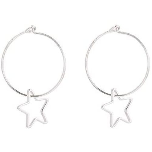 Wire Hoop Star Lucky Dangle Drop Earrings S925 Sterling Silver for Women Teen Girls Sensitive Ear Minimalist Dangling Hypoallergenic Lightweight Geometric Hoops 20mm Gifts for Birthday Daughter Bff