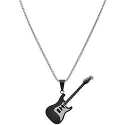 Magna Steel Mens Stainless Steel Rock Electric Guitar Bass Pendant Necklace with 24'' 3mm Rolo Chain