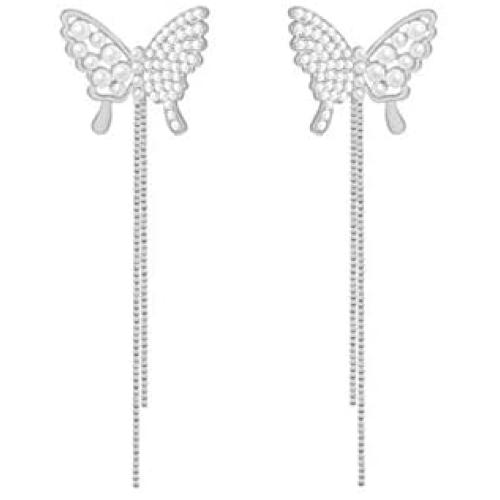 YUNXI pearl Rhinestone Long Metal Tassels Butterfly Earrings 3D Hollow shiny Crystal Zircon Butterflies Drop Dangle Earring for Women Girls