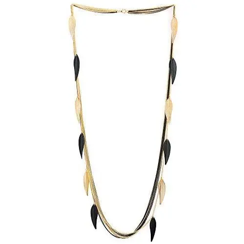 COOLSTEELANDBEYOND Black Gold Statement Necklace Multi-Strand Long Chain with Leaf Charms Pendant, Party Event Dress COOLSTEELANDBEYOND Black Gold Statement Necklace Multi-Strand Long Chain with Leaf Charms Pendant, Party Event Dress