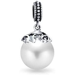 Bali Style Filgree Cap White Simulated Pearl Heart Dangle Charm Bead For Women Teen Oxidized .925 Sterling Silver Fits European Bracelet June Birthstone