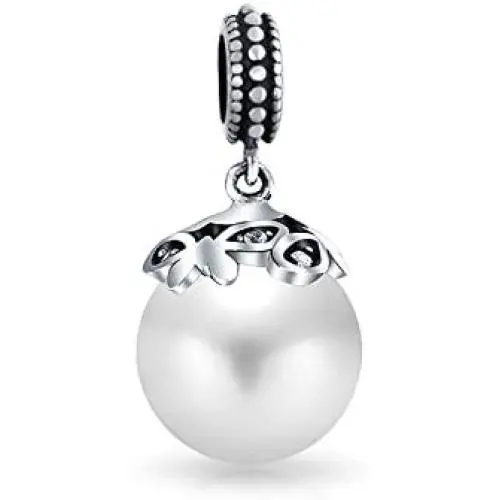 Bali Style Filgree Cap White Simulated Pearl Heart Dangle Charm Bead For Women Teen Oxidized .925 Sterling Silver Fits European Bracelet June Birthstone