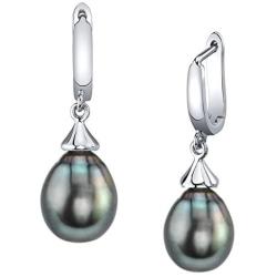 THE PEARL SOURCE Drop Shape Black Tahitian South Sea Cultured Pearl Elegance Earrings for Women