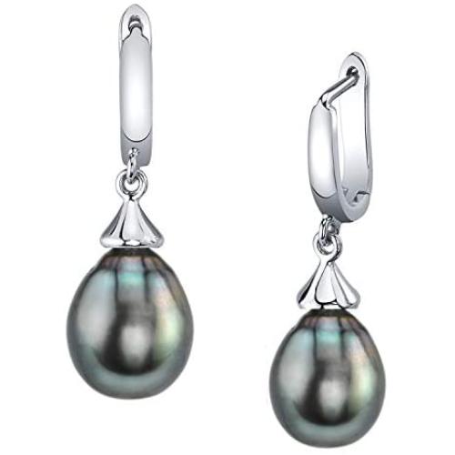 THE PEARL SOURCE Drop Shape Black Tahitian South Sea Cultured Pearl Elegance Earrings for Women