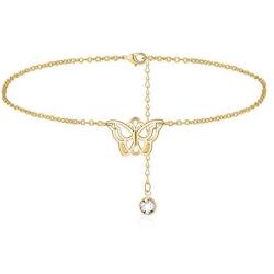 Turandoss Dainty Ankle Bracelets for Women, 14K Gold Filled Handmade Layered Anklet Cute Butterfly Evil Eye Elephant Star Summer Ankle Bracelets for Women Boho Beach Foot Chain