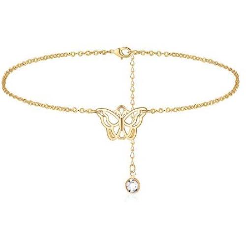 Turandoss Dainty Ankle Bracelets for Women, 14K Gold Filled Handmade Layered Anklet Cute Butterfly Evil Eye Elephant Star Summer Ankle Bracelets for Women Boho Beach Foot Chain
