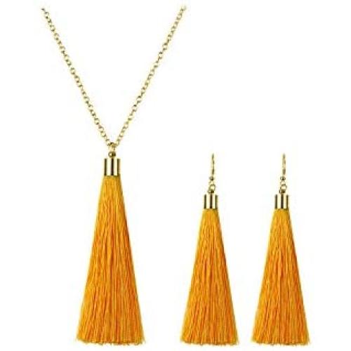 Dcfywl731 Long Tassel Necklace Earrings Set for Women Long Dainty Tassel Dangle Earrings Bohemian Jewelry Set for Girl