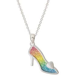 Disney Princess Cinderella Jewelry for Women, Rainbow Glitter Silver Plated Slipper Pendant Necklace