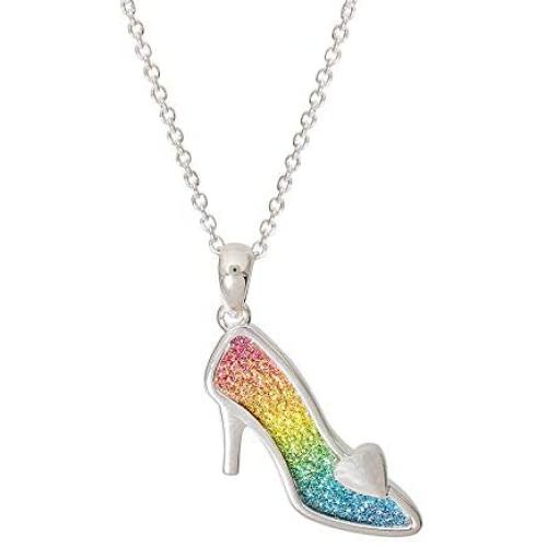 Disney Princess Cinderella Jewelry for Women, Rainbow Glitter Silver Plated Slipper Pendant Necklace