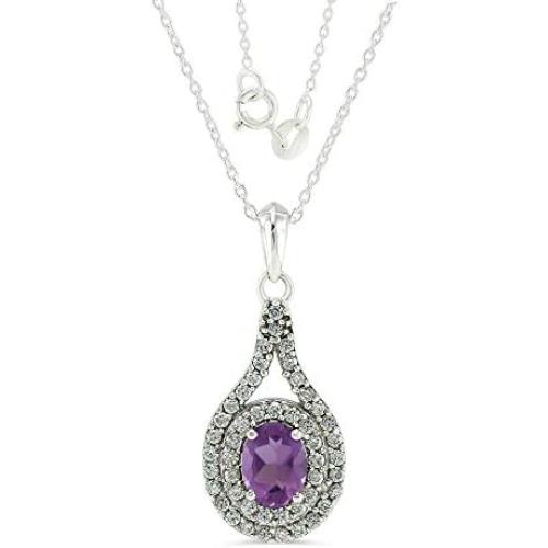 Natural Amethyst Pendant Necklace Sterling Silver Halo Cluster with 18 Inches Chain
