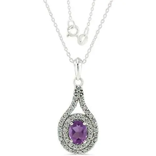 Natural Amethyst Pendant Necklace Sterling Silver Halo Cluster with 18 Inches Chain