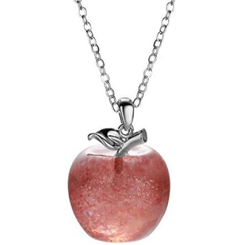 Lovastar Stone Pendant Necklace Pure Natural Crystal Gemstone Christmas Apple Shape for Women and Girls Leather Rope Cross Chain Pendant Fashion Jewelry