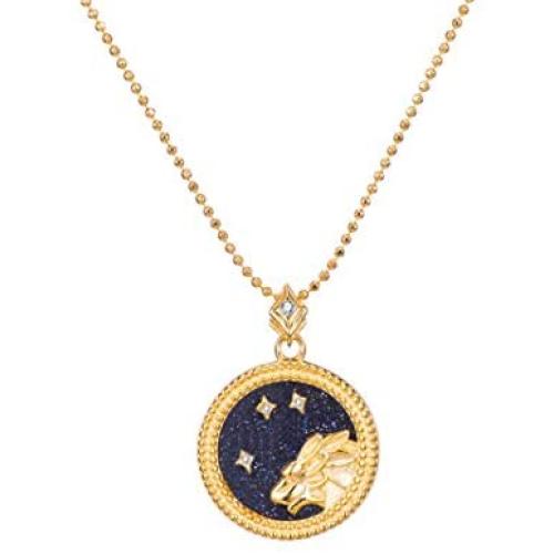 KissYan Zodiac Pendant Necklace, 14K Gold Plated Disc 12 Constellation Horoscope Astrology Sign Blue Sandstone CZ Pendant Necklace Perfect Jewelry for Women Girls