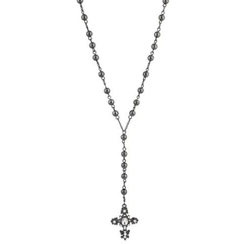 LUX ACCESSORIES Crystal Black Rosary Catholic Rhinestone Long Cross Beads Chain Necklace