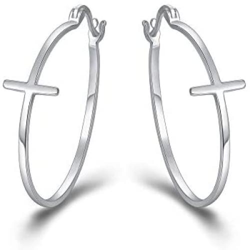BriLove 925 Sterling Silver Jewelry Faith Hope Love Classic Hoop Cross Large Circle Dangle Earrings for Women Girls