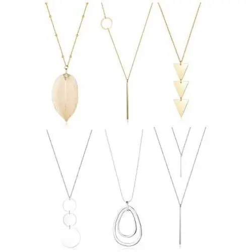 FUNRUN JEWELRY 6PCS Long Pendant Necklace Set Bar Circle Leaf Y Necklace Arrow Statement Necklace for Women