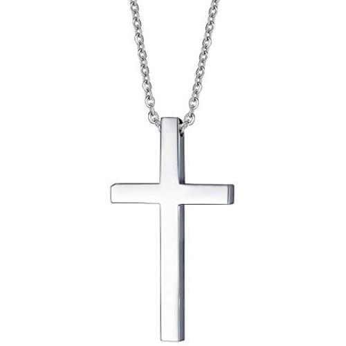 Reve Simple Stainless Steel Silver Tone Cross Pendant Necklace for Men Women, 20-24 Inches Chain