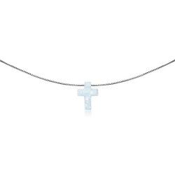 GemStar USA Sterling Silver Synthetic Opal Cross Small Dainty Choker Necklace