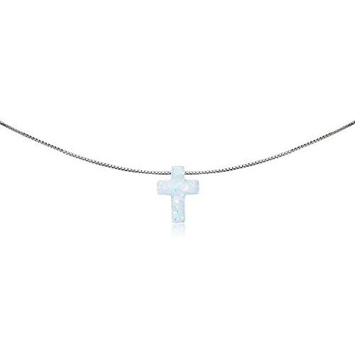 GemStar USA Sterling Silver Synthetic Opal Cross Small Dainty Choker Necklace