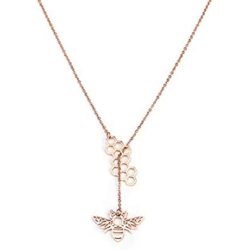 Winssi 18K Gold 316L Stainless Steel Bee Honeycomb Necklace Adjustable Y Lariat Necklace for Women