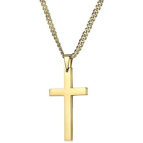 18K Gold Cuban link Chain Cross Flat Pendant Necklace Solid Clasp for Men,Women, boys, Teens. PLated Thin for Charms Miami Cuban Link Diamond Cut Fashion jewelry