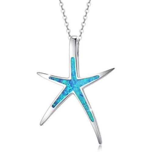 Cuoka Starfish Necklace, 925 Sterling Silver with Opal, Hawaiian Beach Nautical Ocean Pendant, Starfish Jewelry Opal Jewelry Valentine Gifts for Women Girlfriend Daughter