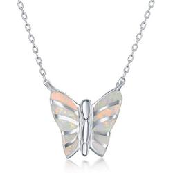 925 Sterling Silver Created White/Blue Opal Nature Butterfly/Cat Dainty Pendant 16+2’’ Necklace Jewelry for Pet Lovers Women or Teens