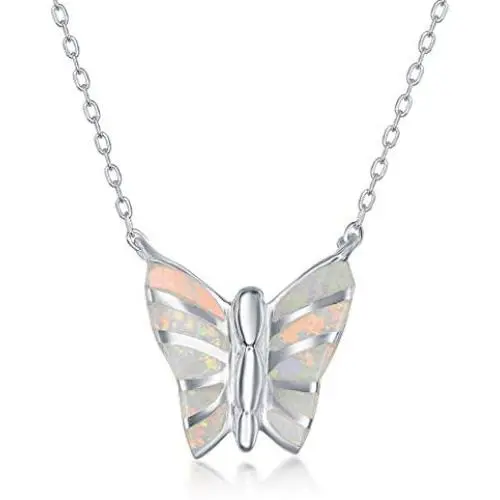 925 Sterling Silver Created White/Blue Opal Nature Butterfly/Cat Dainty Pendant 16+2’’ Necklace Jewelry for Pet Lovers Women or Teens