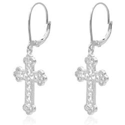 Sterling Silver Diamond-Cut Filigree Cross Leverback Dangle Earrings