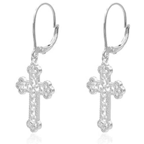 Sterling Silver Diamond-Cut Filigree Cross Leverback Dangle Earrings