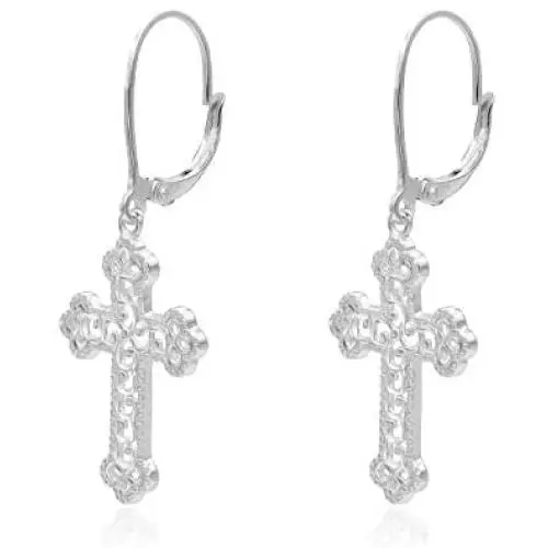 Sterling Silver Diamond-Cut Filigree Cross Leverback Dangle Earrings Sterling Silver Diamond-Cut Filigree Cross Leverback Dangle Earrings